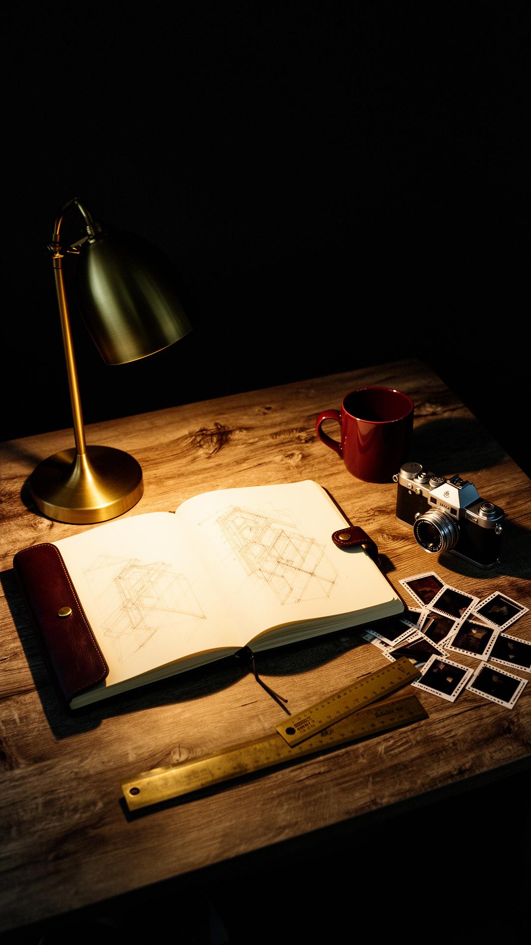 Studio detail — brass lamp, sketchbook, Leica